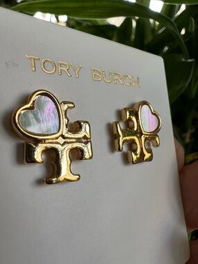 Tory Burch Gold Logo Heart Mother‑of‑Pearl Stud Earrings